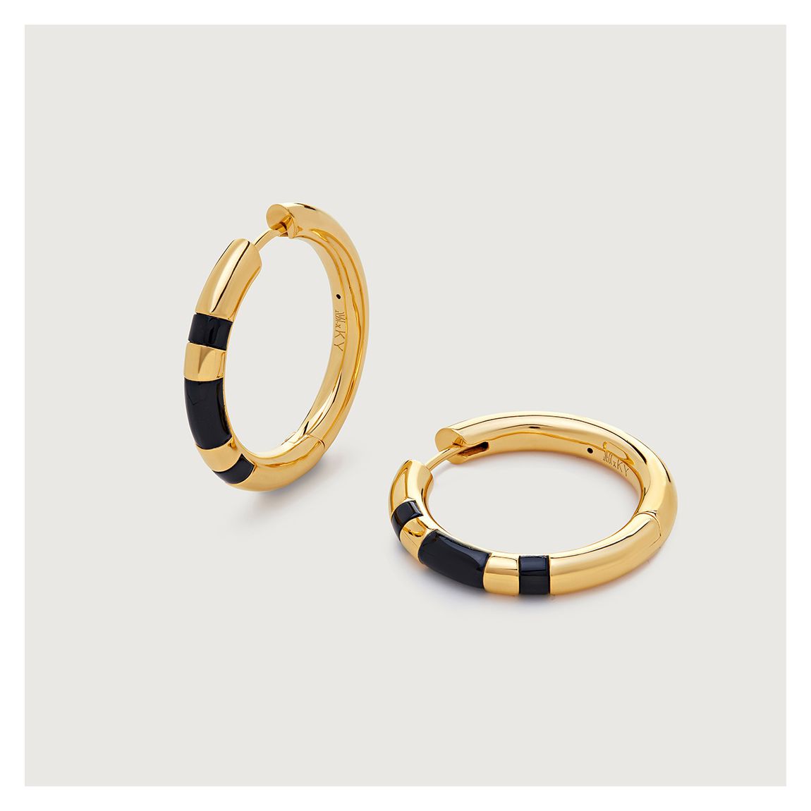 Black Onyx Gold Plated Kate Young Gemstone Striped Medium Hoop Earrings main product photo
