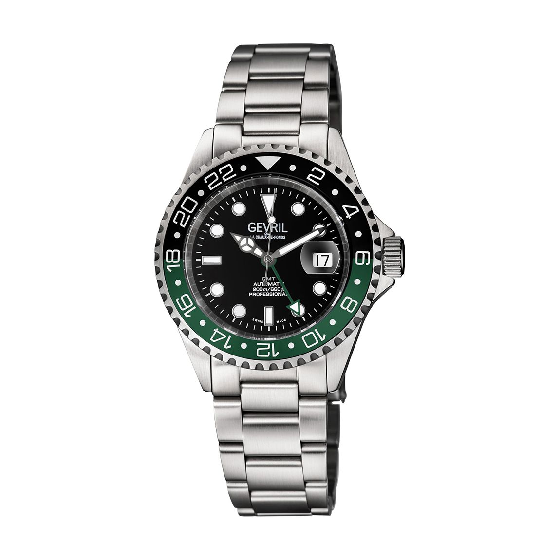 Men's Wall Street GMT BLK Dial BLK/GRN Ceramic Bezel Gevril Watch main product photo