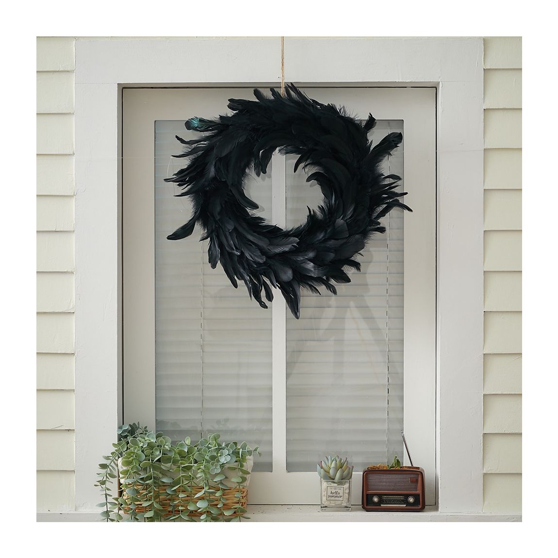 Halloween Black Fluffy Feather Wreath with Lights main product photo