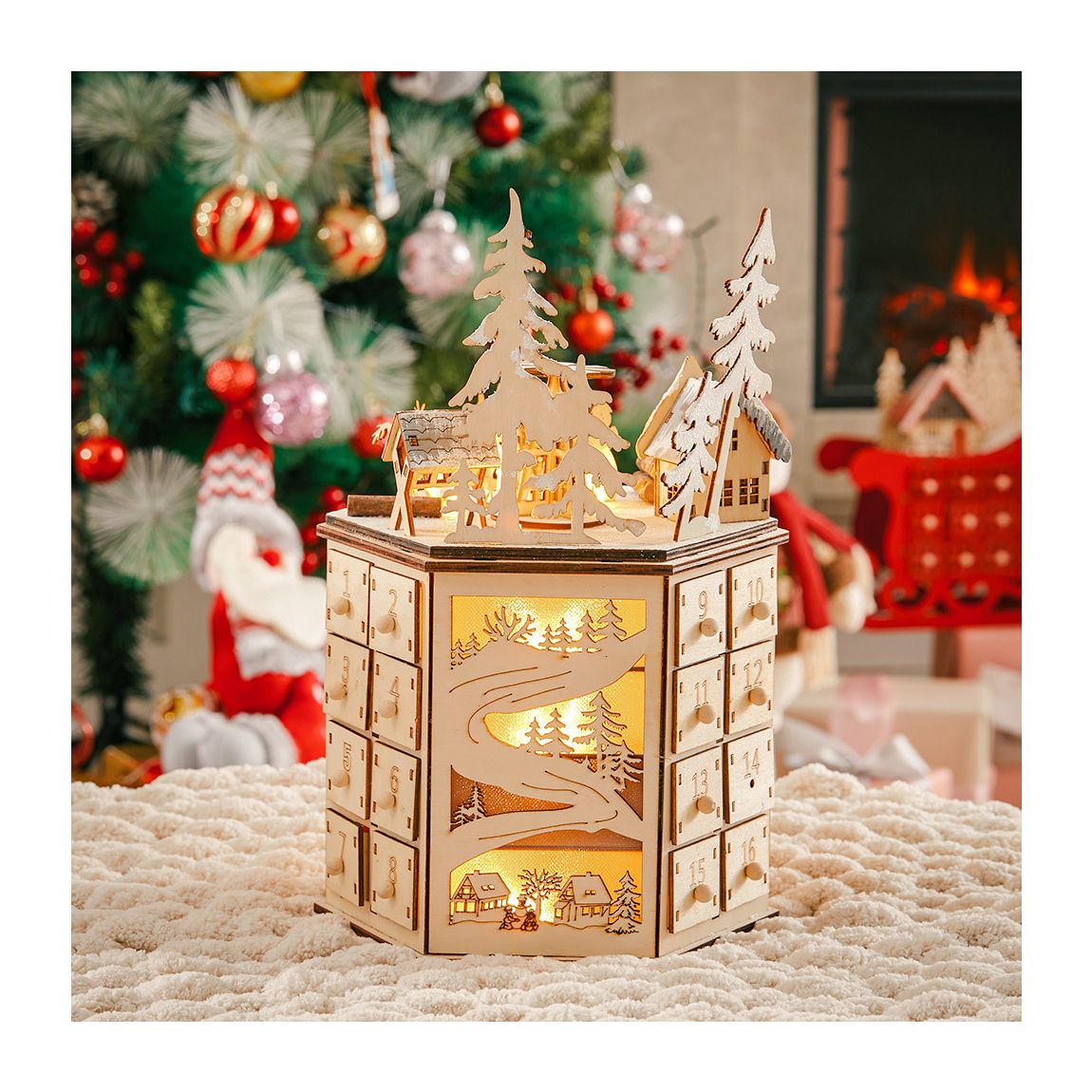 Christmas Wooden Rotating Countdown Calendar Music Box with Light main product photo