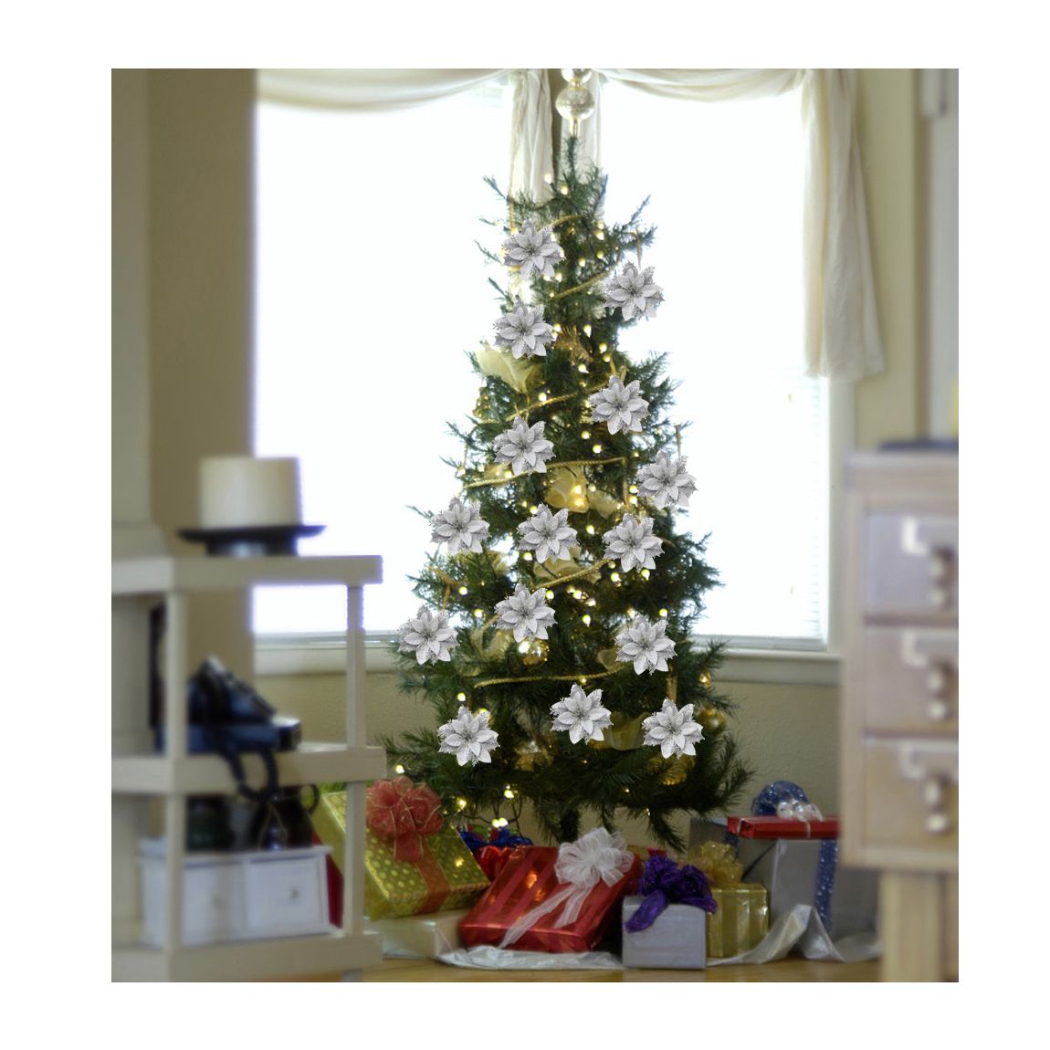 24 Pcs Artificial Silver Flowers Ornament for Christmas Tree main product photo