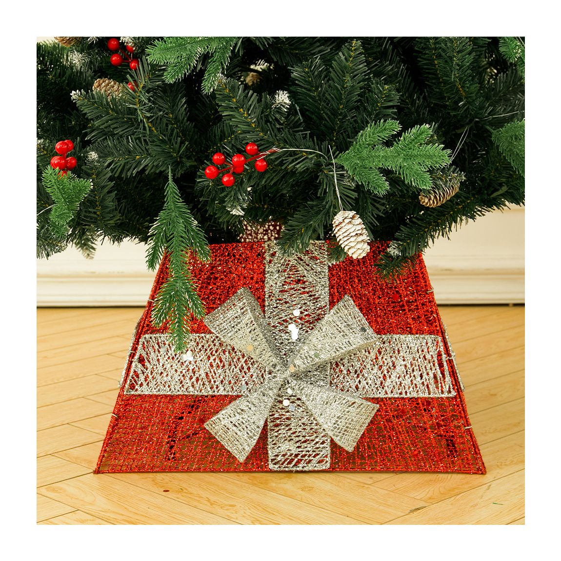 Square Red Christmas Tree Collar Basket with Lights main product photo