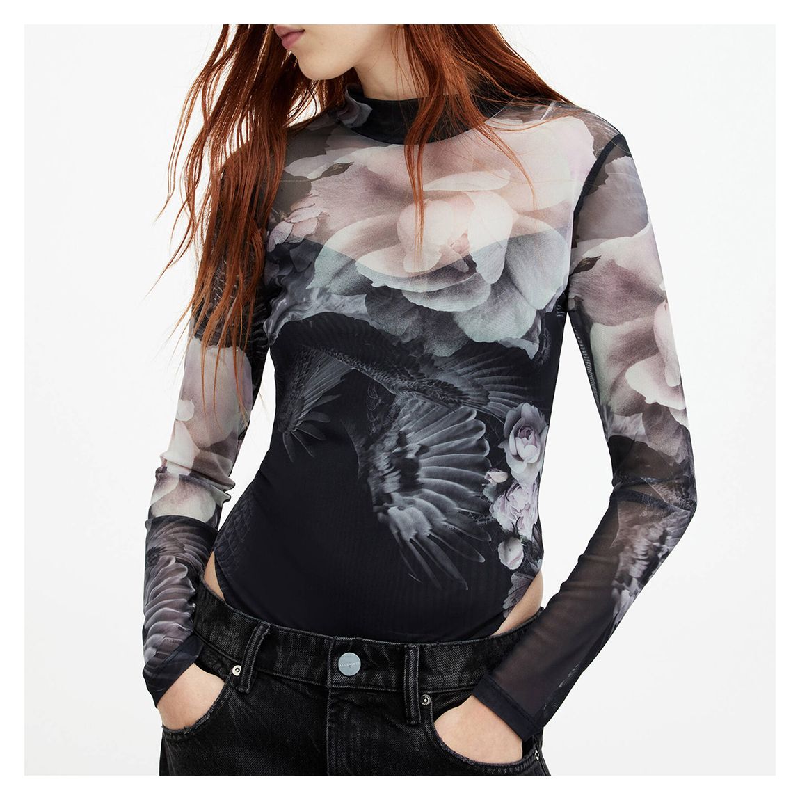 Black Elia Floral Sheer Bodysuit main product photo