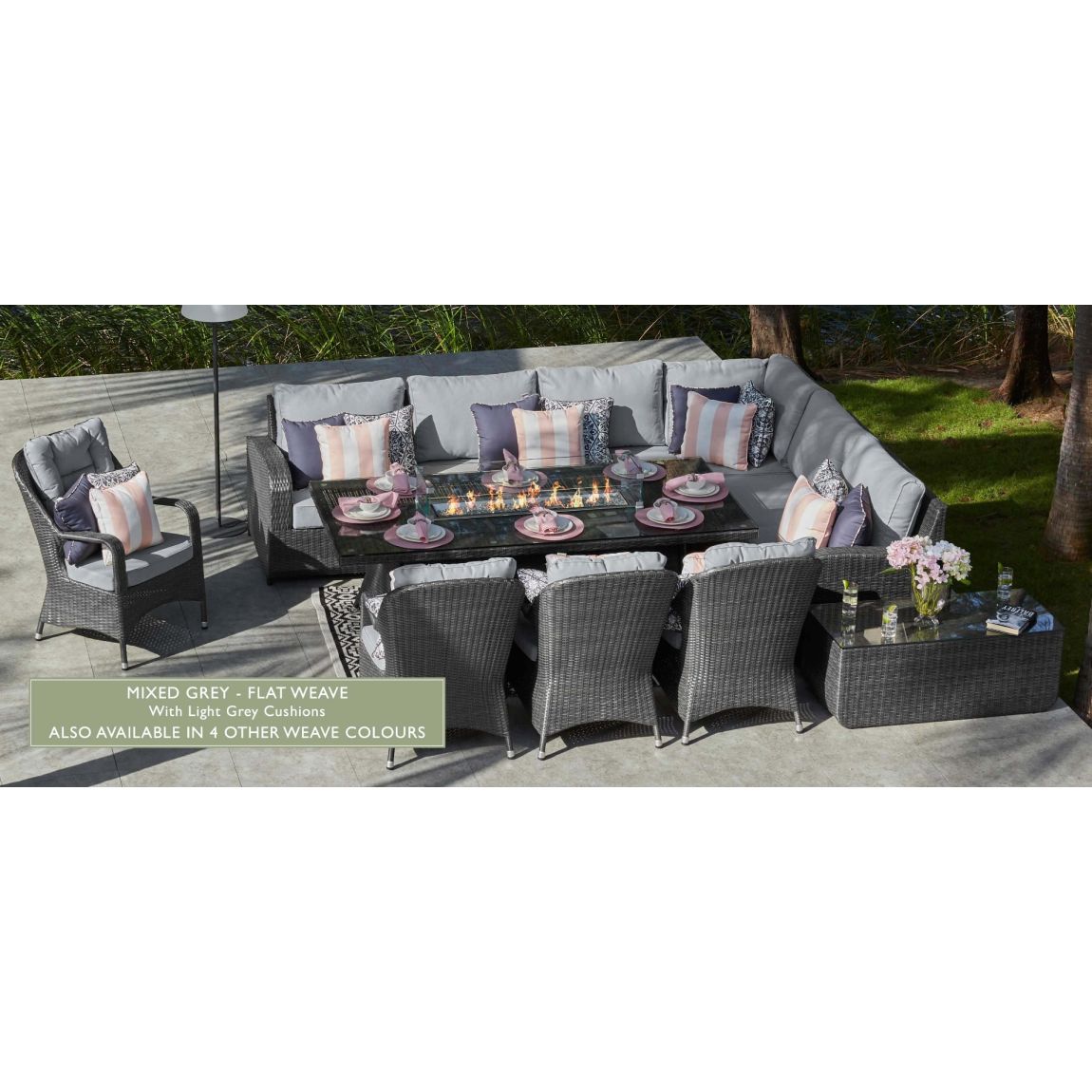 LEDBURY 2m - Extended Corner Sofa Combo with Gas Fire Pit Dining Table & Dining Chairs - Mixed Grey main product photo