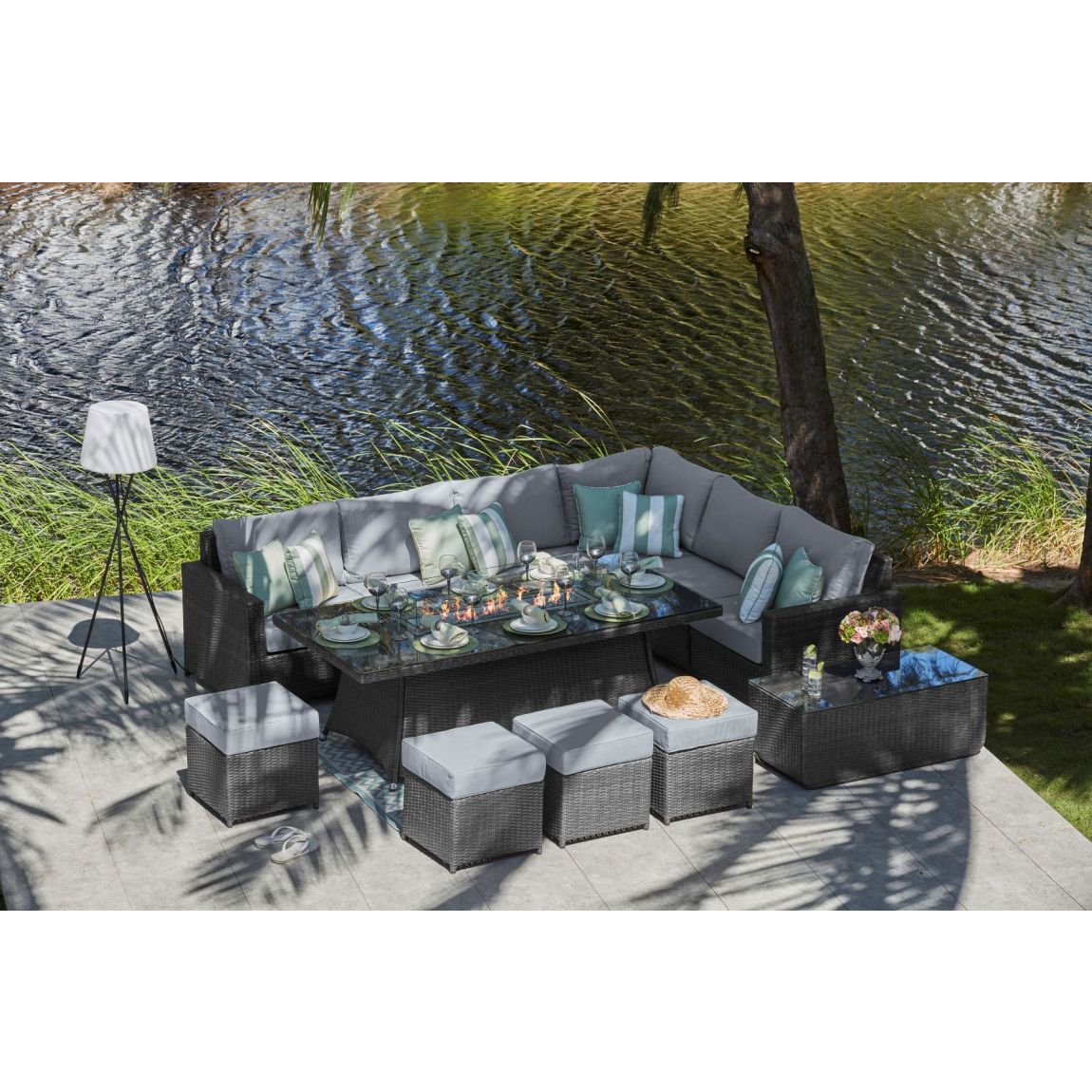HALO 2g - Extended Corner Sofa Combo with Gas Fire Pit Dining Table & Footstools - Mixed Grey main product photo