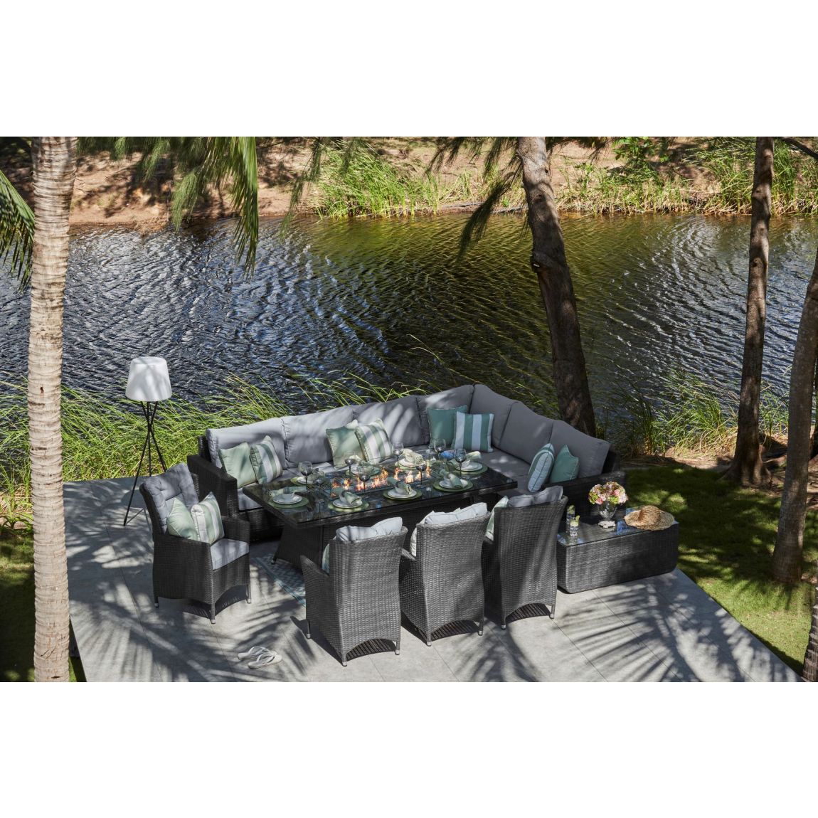 HALO 2m - Extended Corner Sofa Combo with Gas Fire Pit Dining Table & Dining Chairs - Mixed Grey main product photo