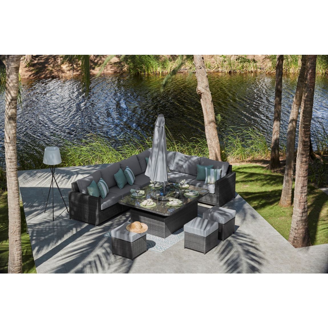 HALO 2H - Extended Corner Sofa with Rising Table and Footstools - Mixed Grey main product photo