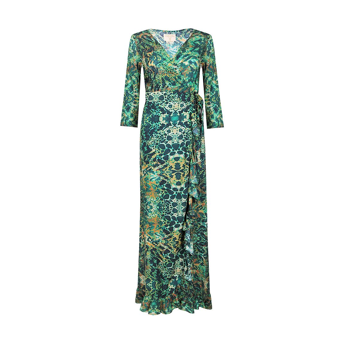 Long Emerald Leopard Maxi Ruffle Wrap Dress main product photo