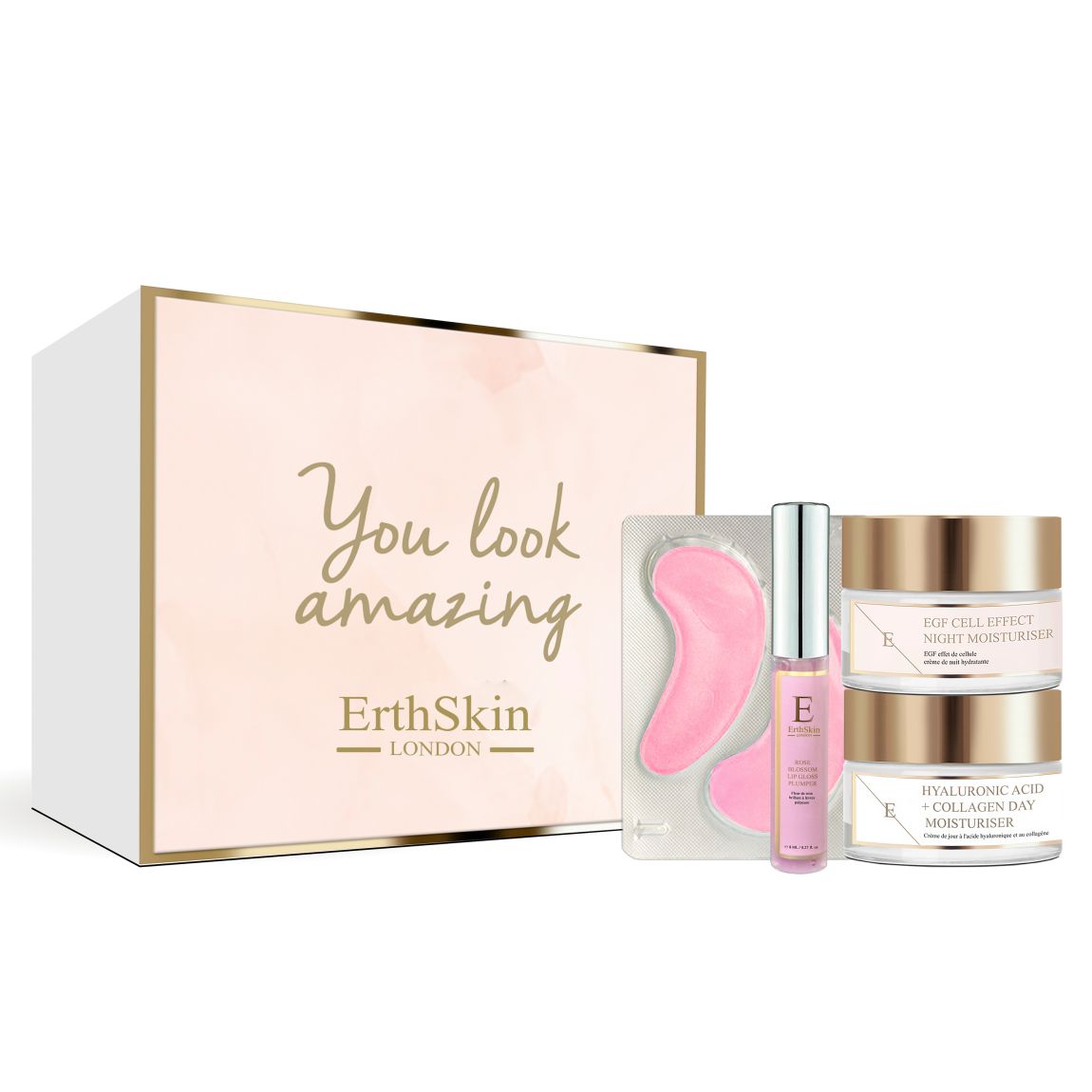 Rose Blossom Glow Lip Plumping Gloss + Rose Blossom Glow Hydro-Gel Eye Pads + EGF Cell-Effect Night Moisturiser + Hyaluronic Acid and Collagen Day Moisturiser ( Universal Kit) main product photo
