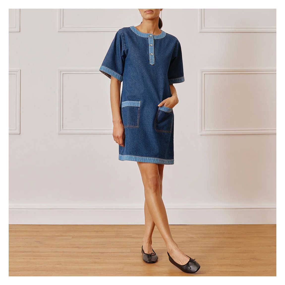 Dark Blue Contrast Denim Short Dress main product photo
