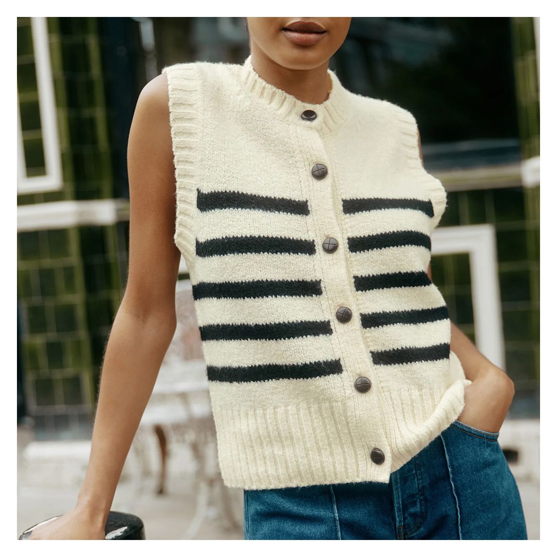 Cream Wool Blend Stripe Button Tank main product photo
