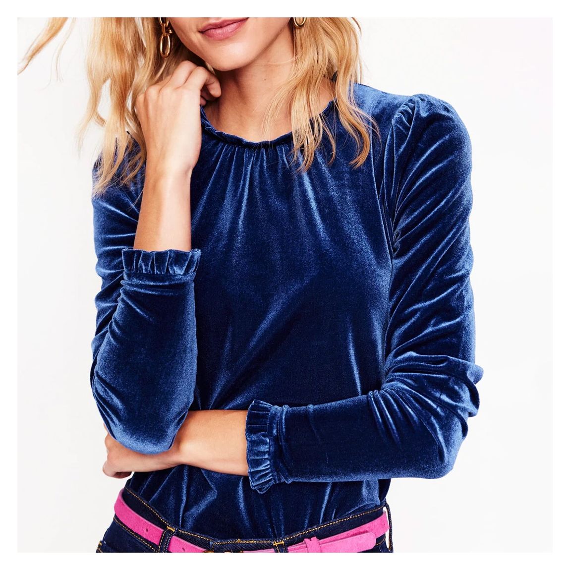 Harbourside Blue Velvet Frill Neck Top main product photo