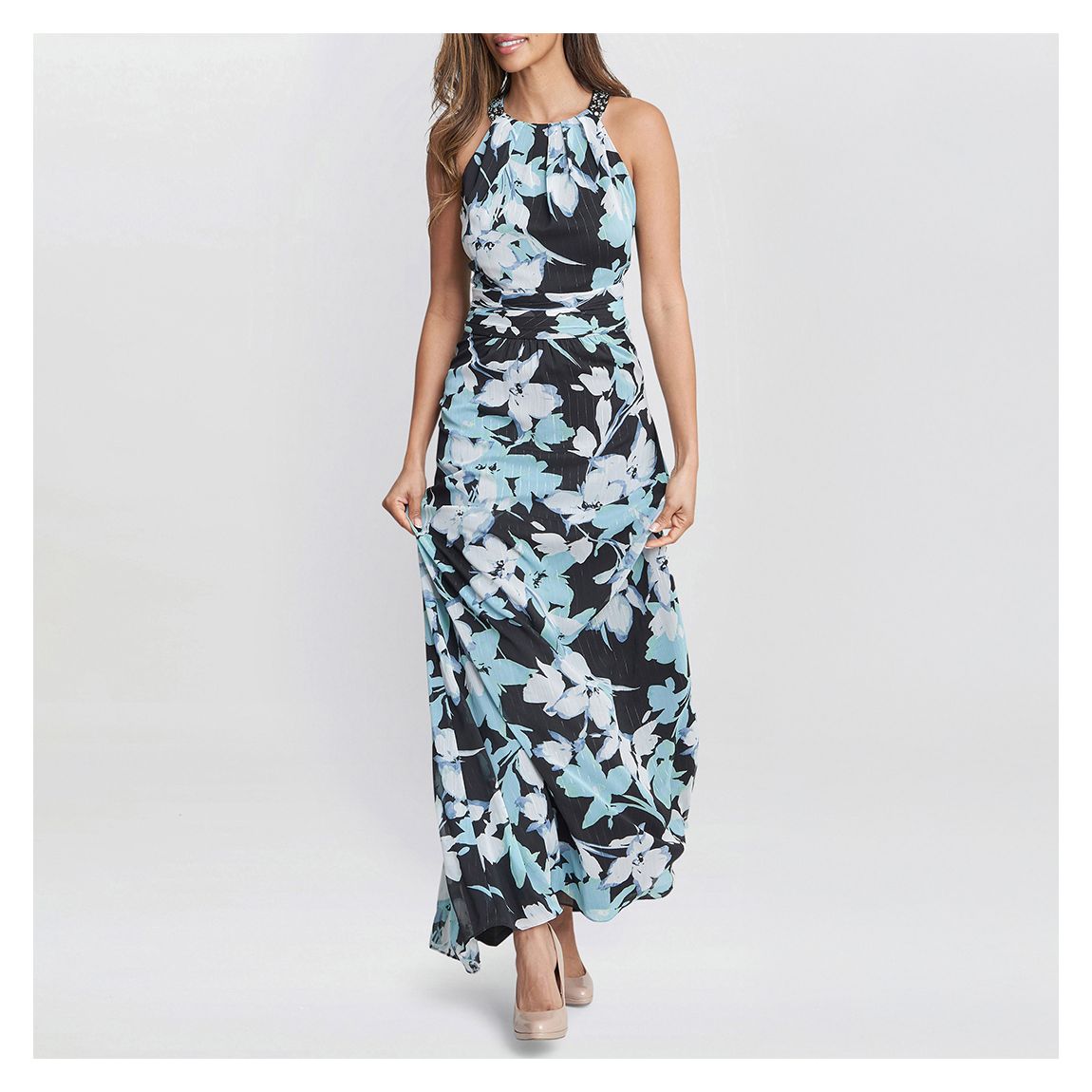 Irina Printed Halter Neck Maxi Dress With Embellished Neckline main product photo