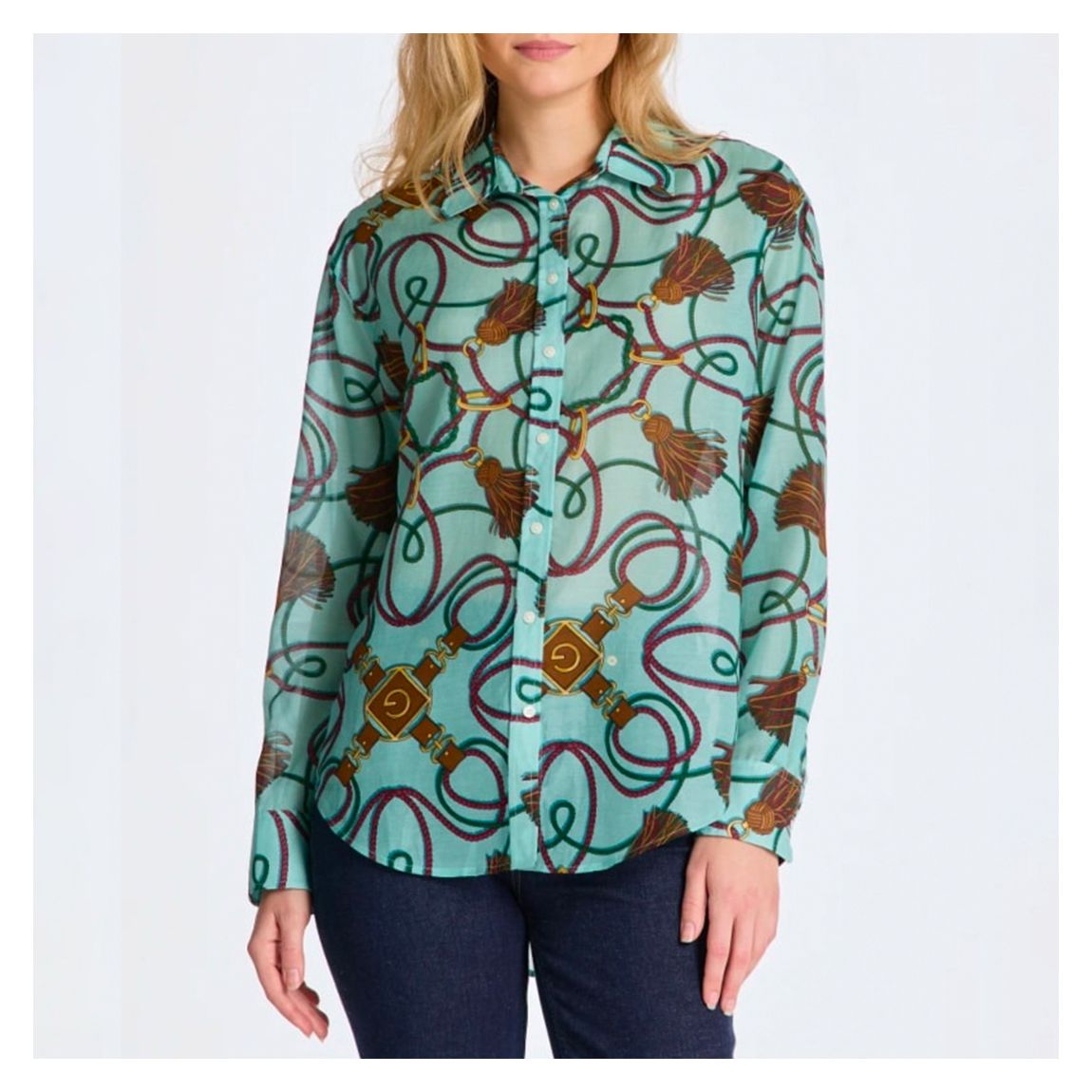 Blue Relaxed Rope Print Cotton Silk Shirt main product photo