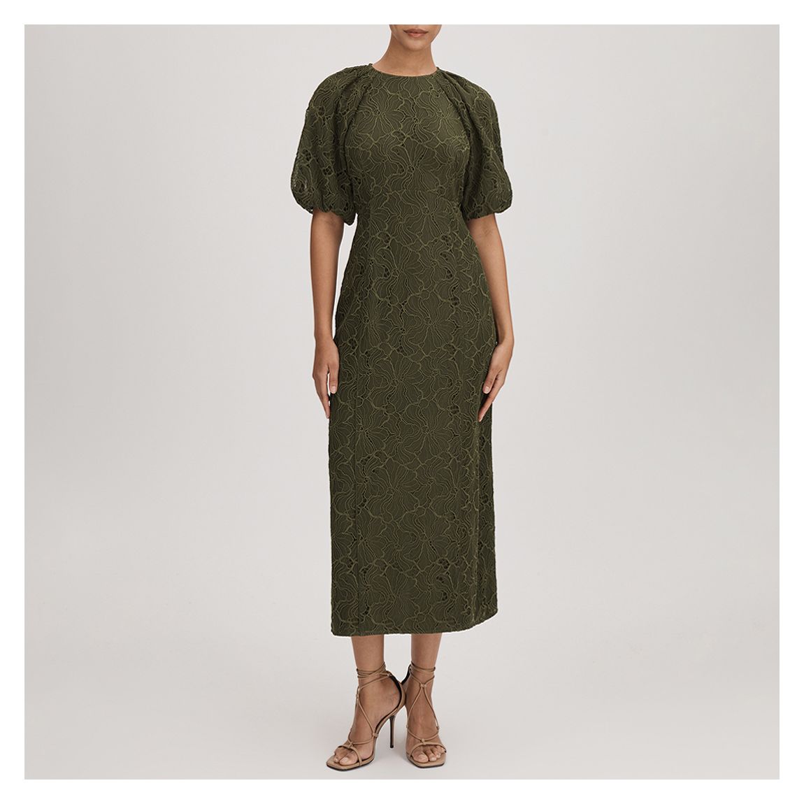 Khaki Voluminous Lace Midi Dress main product photo