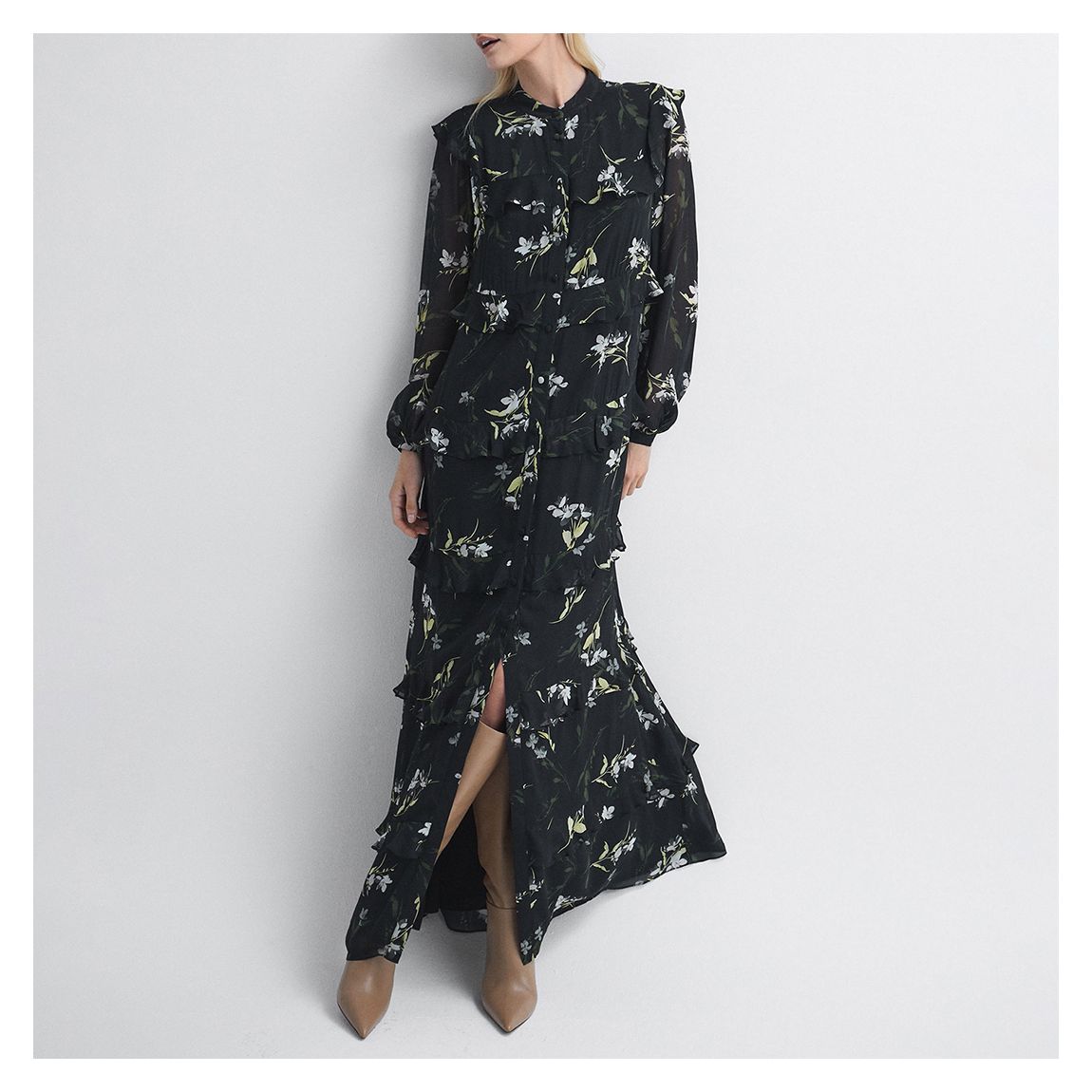 Black Floral Button Down Sheer Maxi Dress main product photo