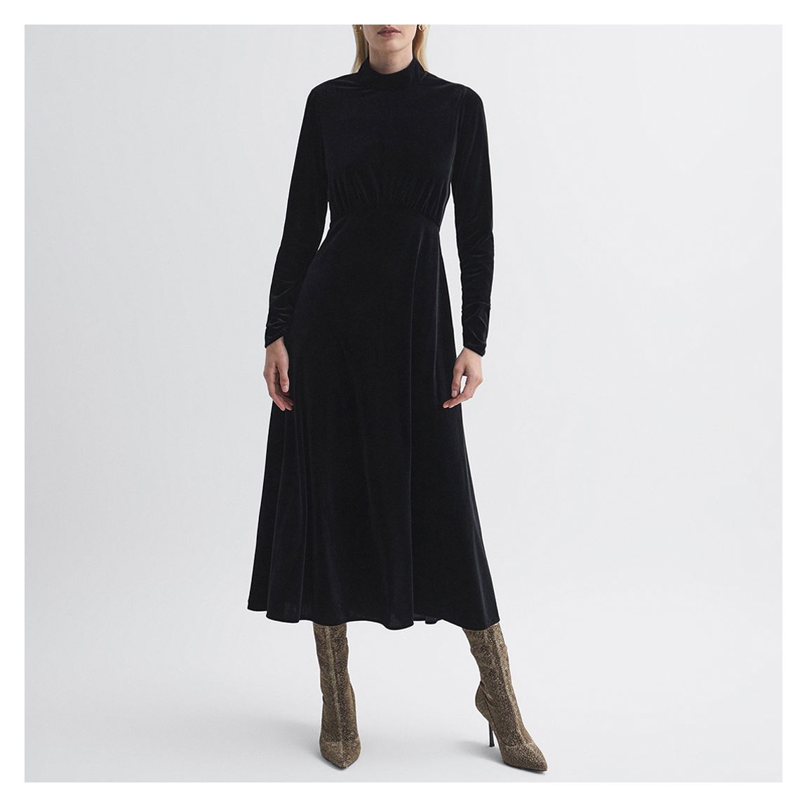 Black Velvet Cinched Midi Dress main product photo