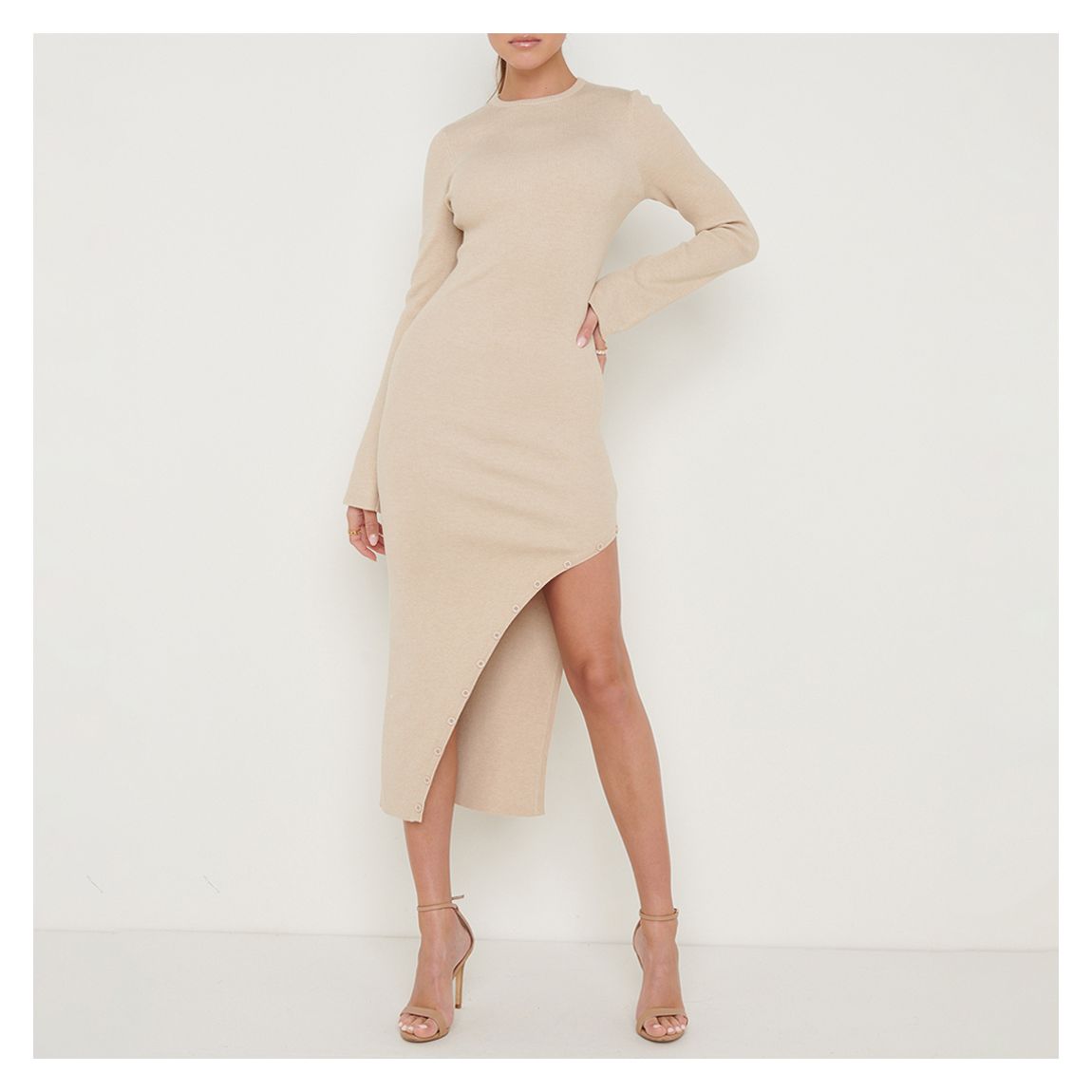 Beige Celeste Slit Button Dress main product photo