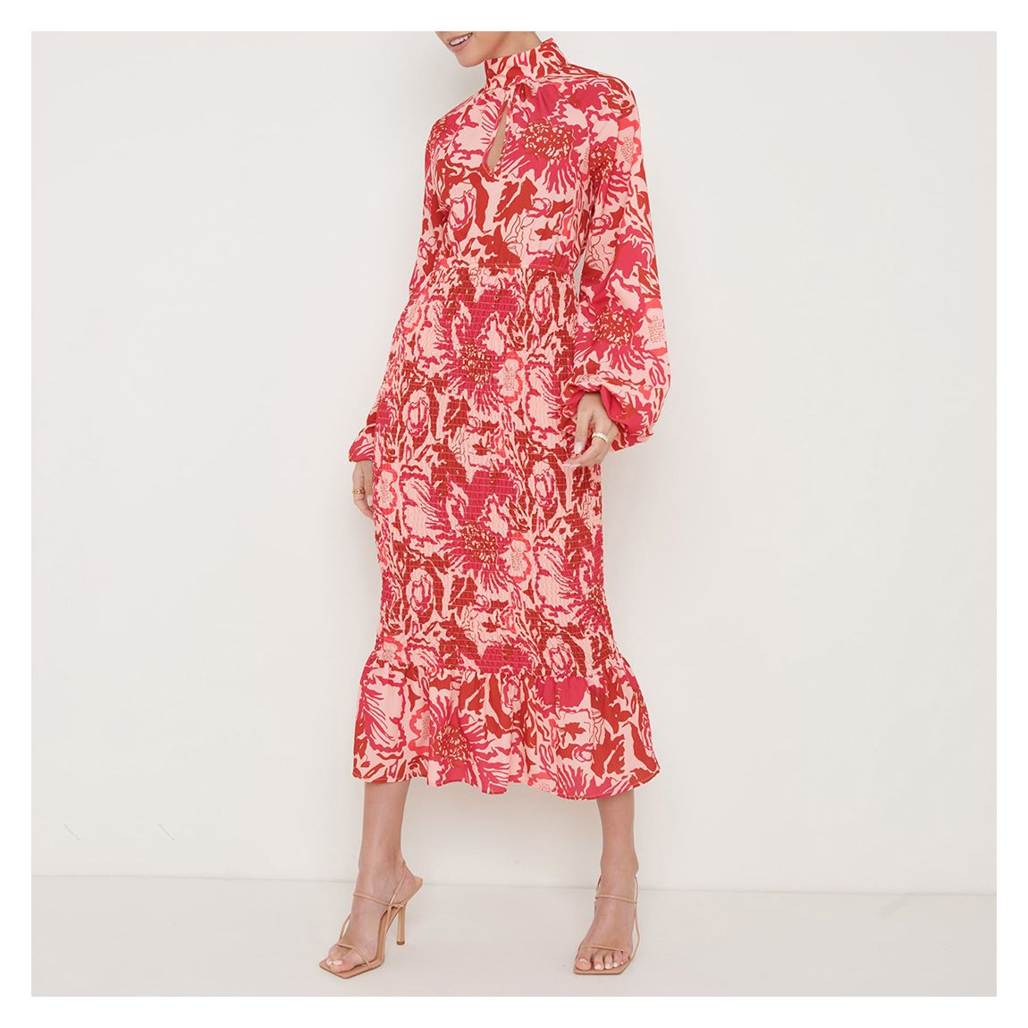 Pink/Red Floral Emily High Neck Shirred Midaxi main product photo
