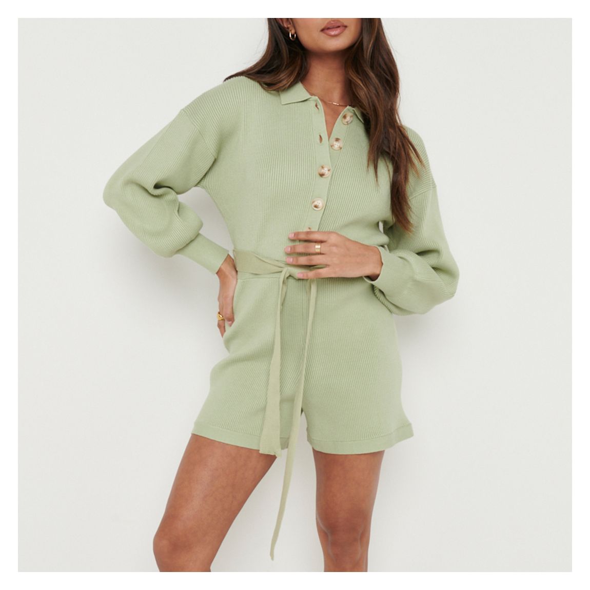 Olive Green Darcie Balloon Sleeve Knit Playsuit main product photo