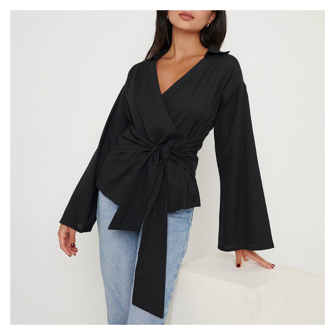 Black Louis Linen Wrap Blouse main product photo