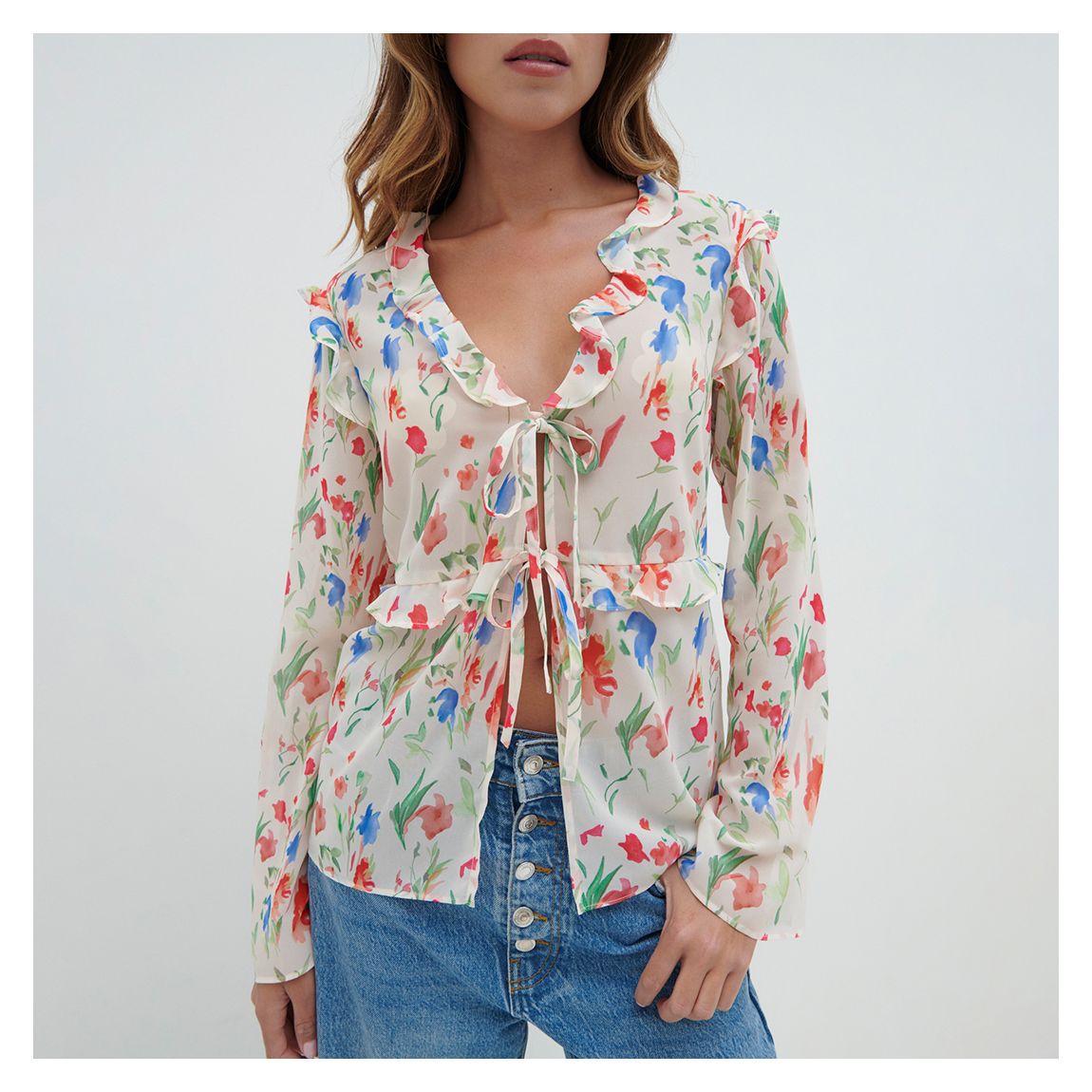 Multi Tomlin V Neck Ruffle Tie Blouse main product photo