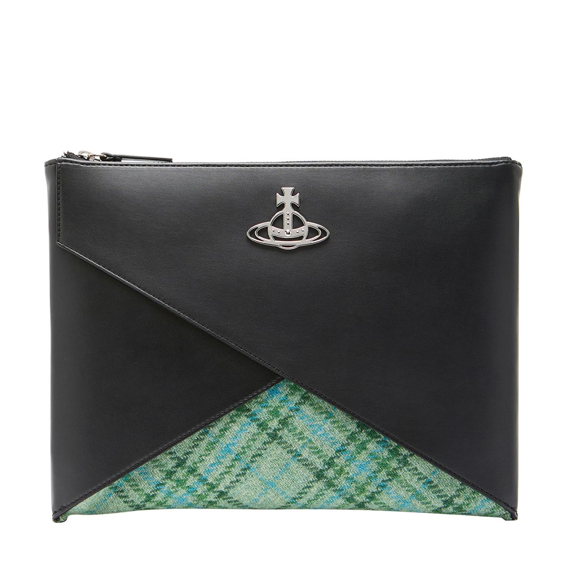 Black/Green Tartan Smooth Leather Aran Pouch main product photo