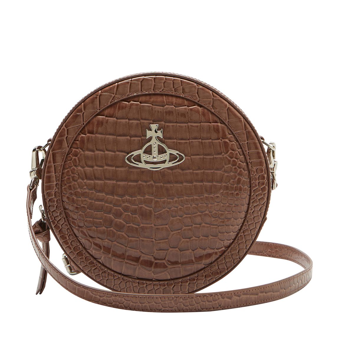 Brown Shiny Vegan Croc Ruby Round Crossbody Bag With Leather St main product photo