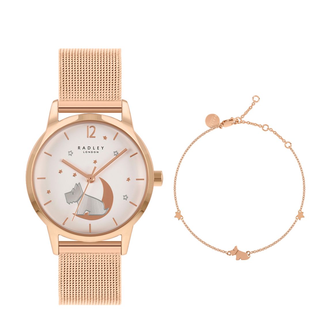 Rose Gold Dog In Moon Mesh Strap Watch And Bracelet Set main product photo