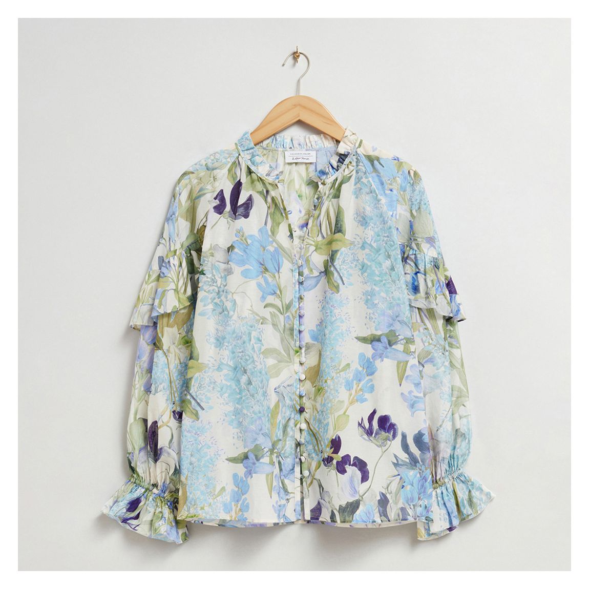 Blue Floral Silk Blend Ruffle Blouse main product photo
