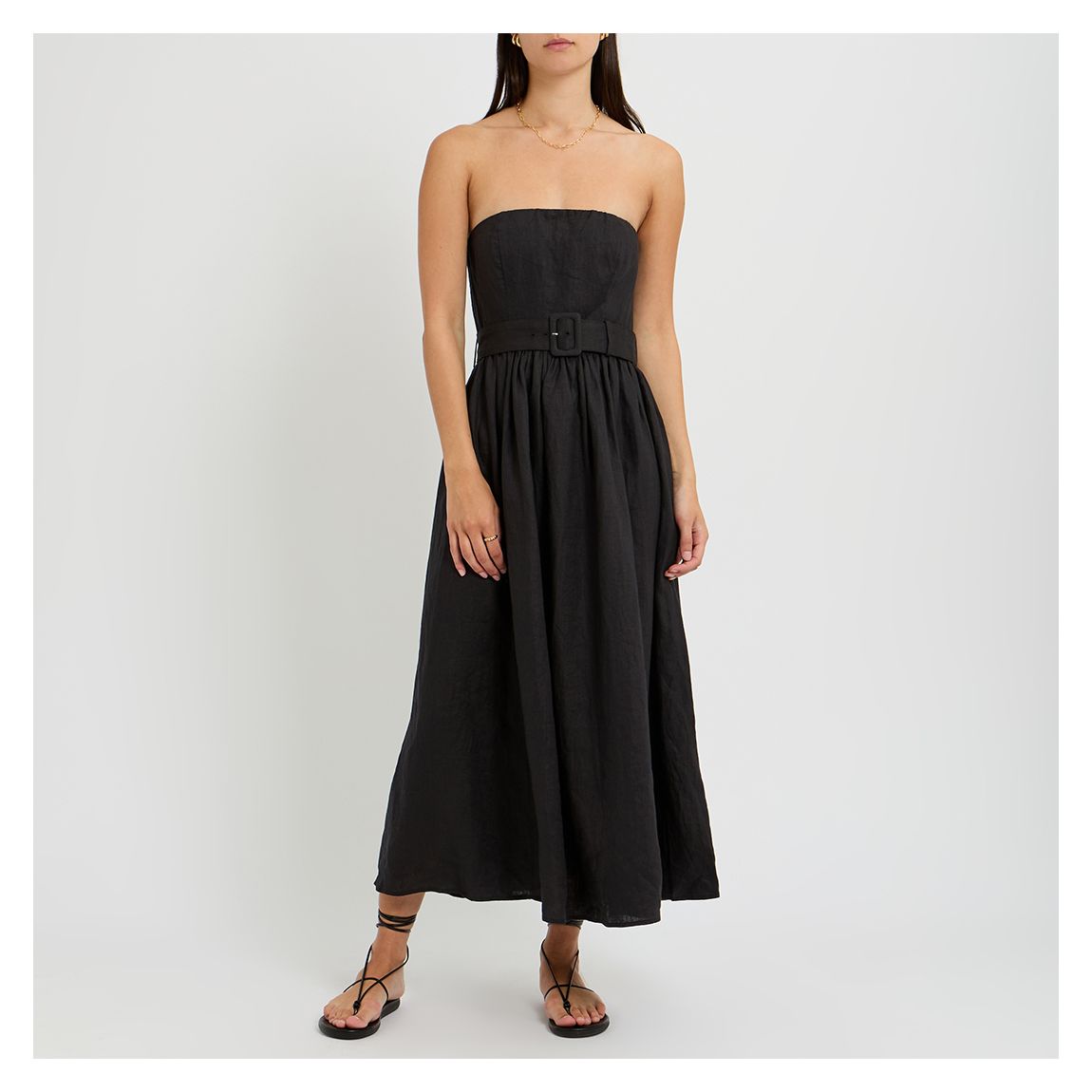 Black Voluminous Belted Midi Dress main product photo