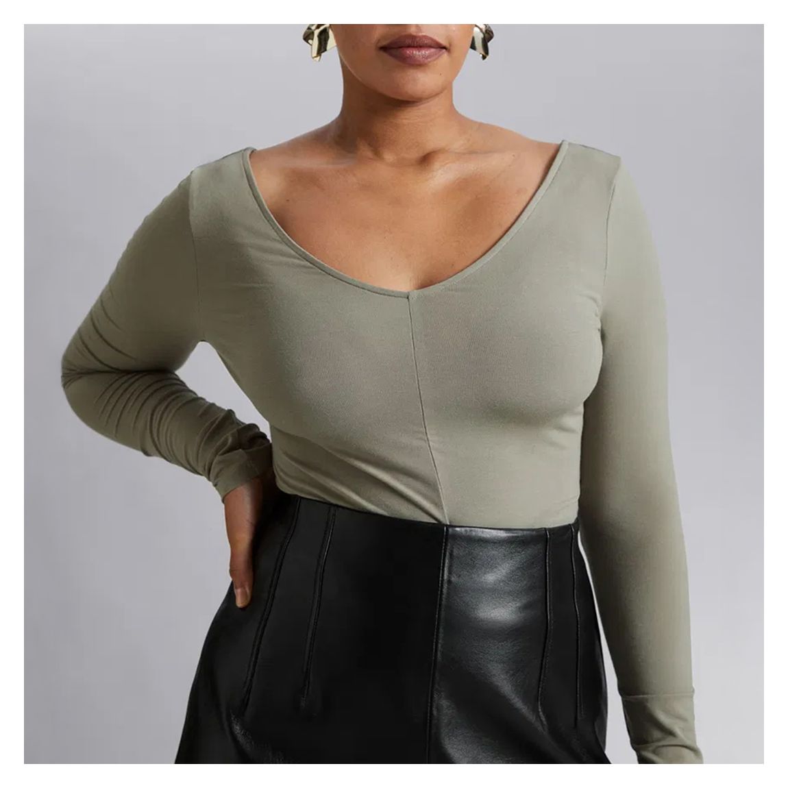 Beige Long Sleeve V Neck Top main product photo