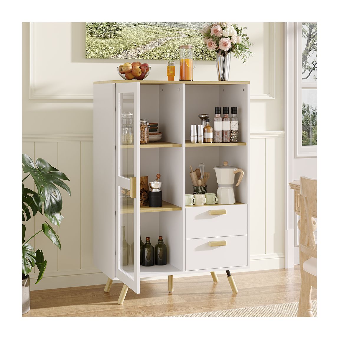 Side Cabinet with Glass Door and 2 Drawers - White main product photo