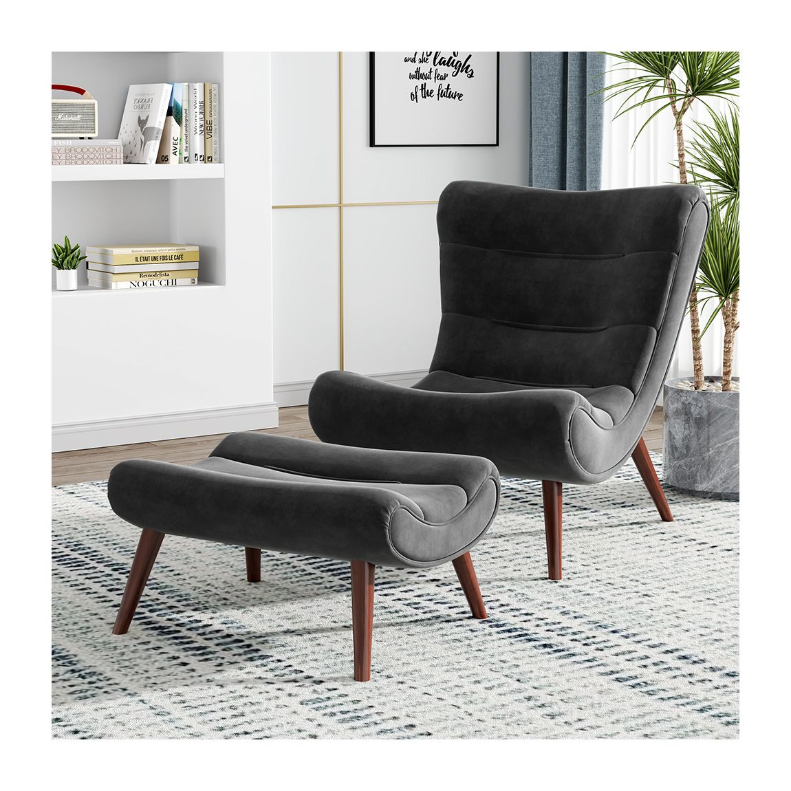 Modern Curved Velvet Lounge Chair with Footstool - Black main product photo