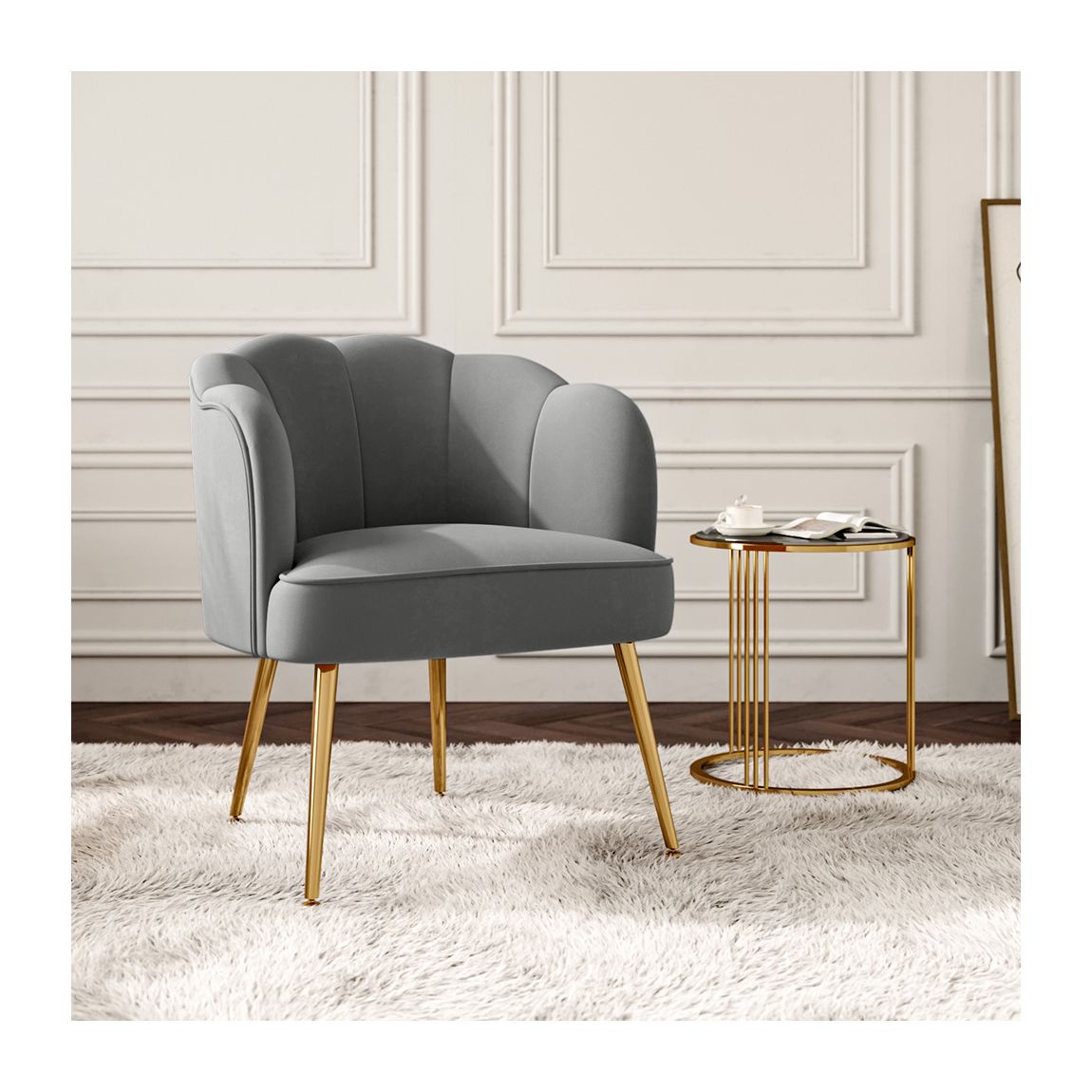 Frosted Velvet Shell-shaped Armchair Petal Backrest with Golden Metal Legs Casual Grey main product photo