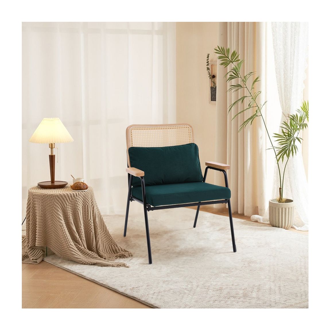 Upholstered Rattan Back Armchair with Metal Legs Dark Green main product photo