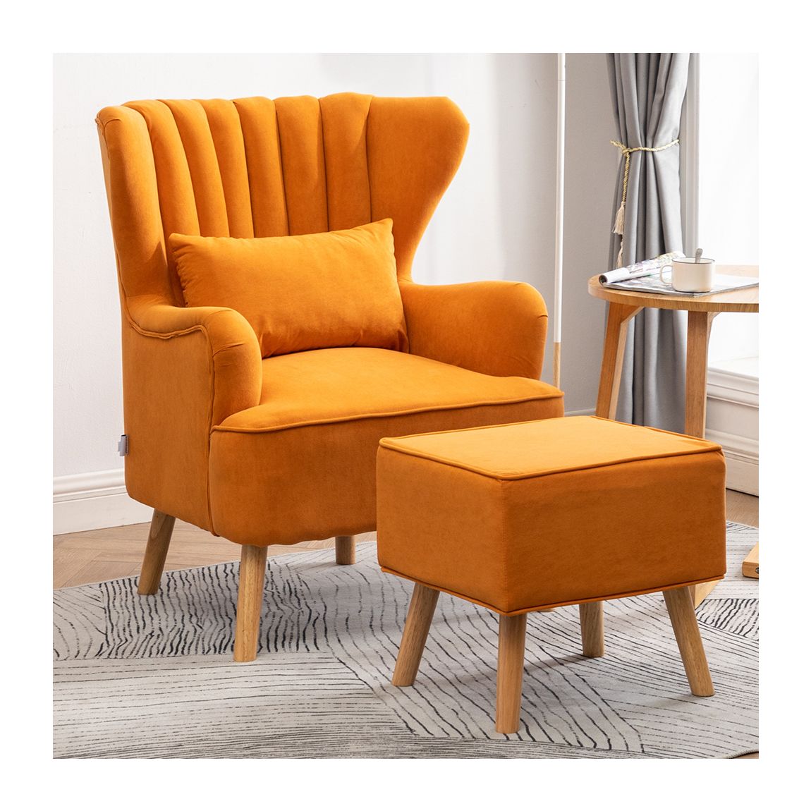 Orange 48cm W Occasion Frosted Velvet Wingback Armchair And Footstool main product photo