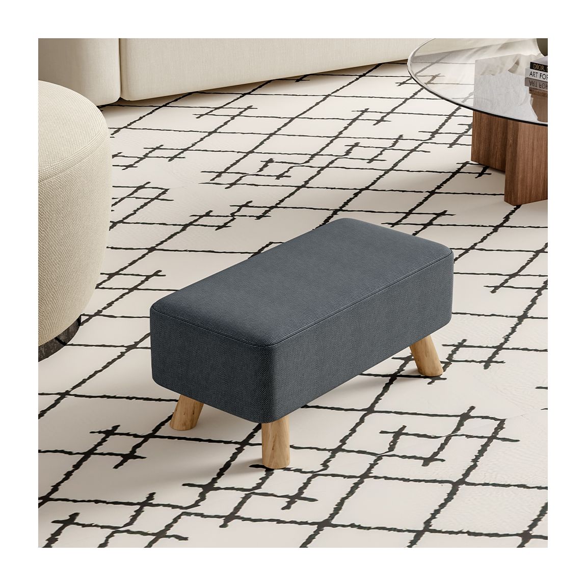Beige 22 Inch Rectangular Banquette Footstool With Natural Wooden Legs main product photo
