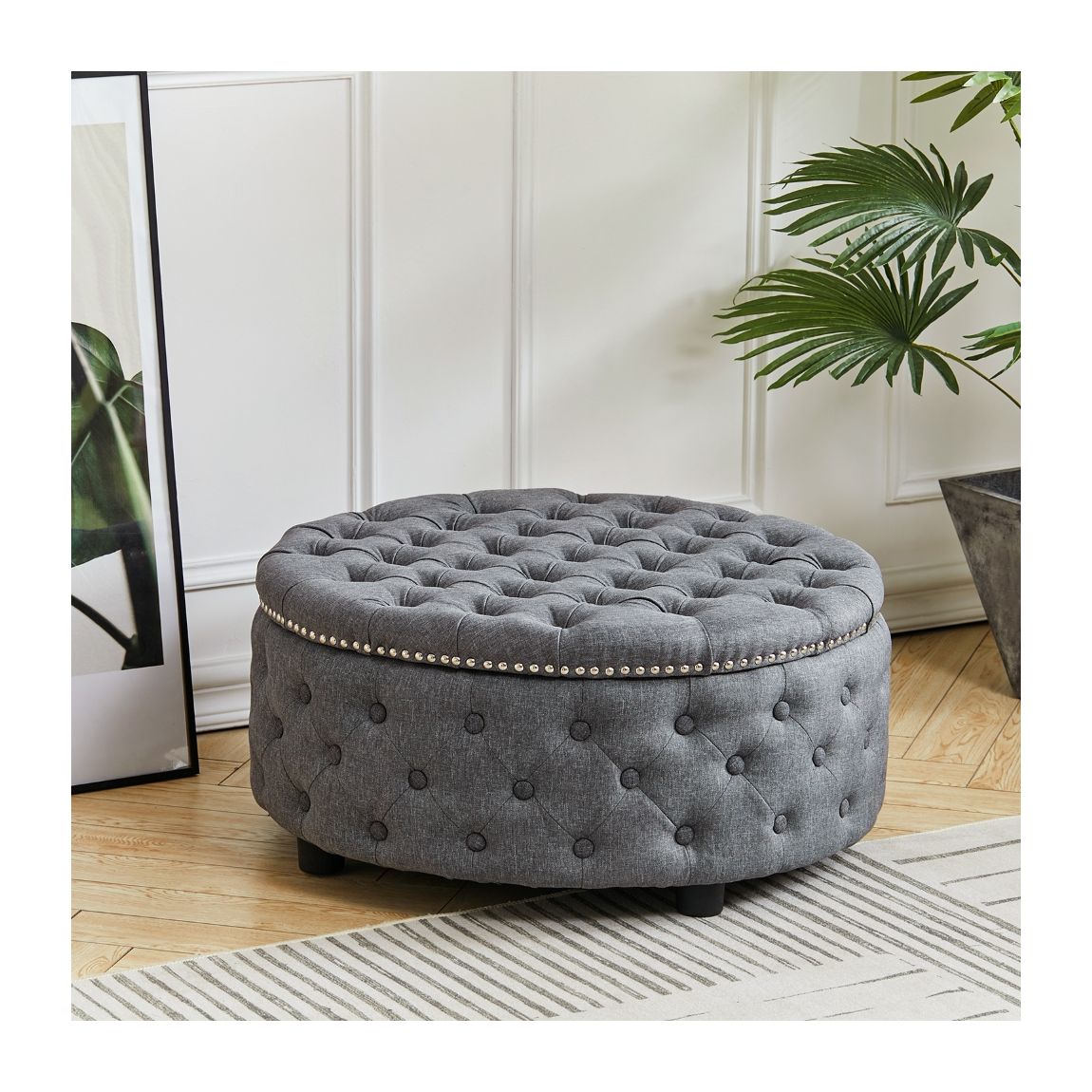 Round Linen Deep Buttoned Ottoman main product photo
