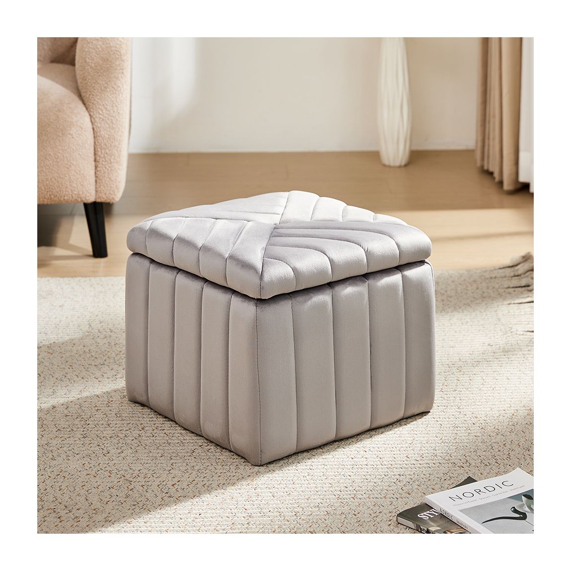 Grey Velvet Storage Ottoman main product photo