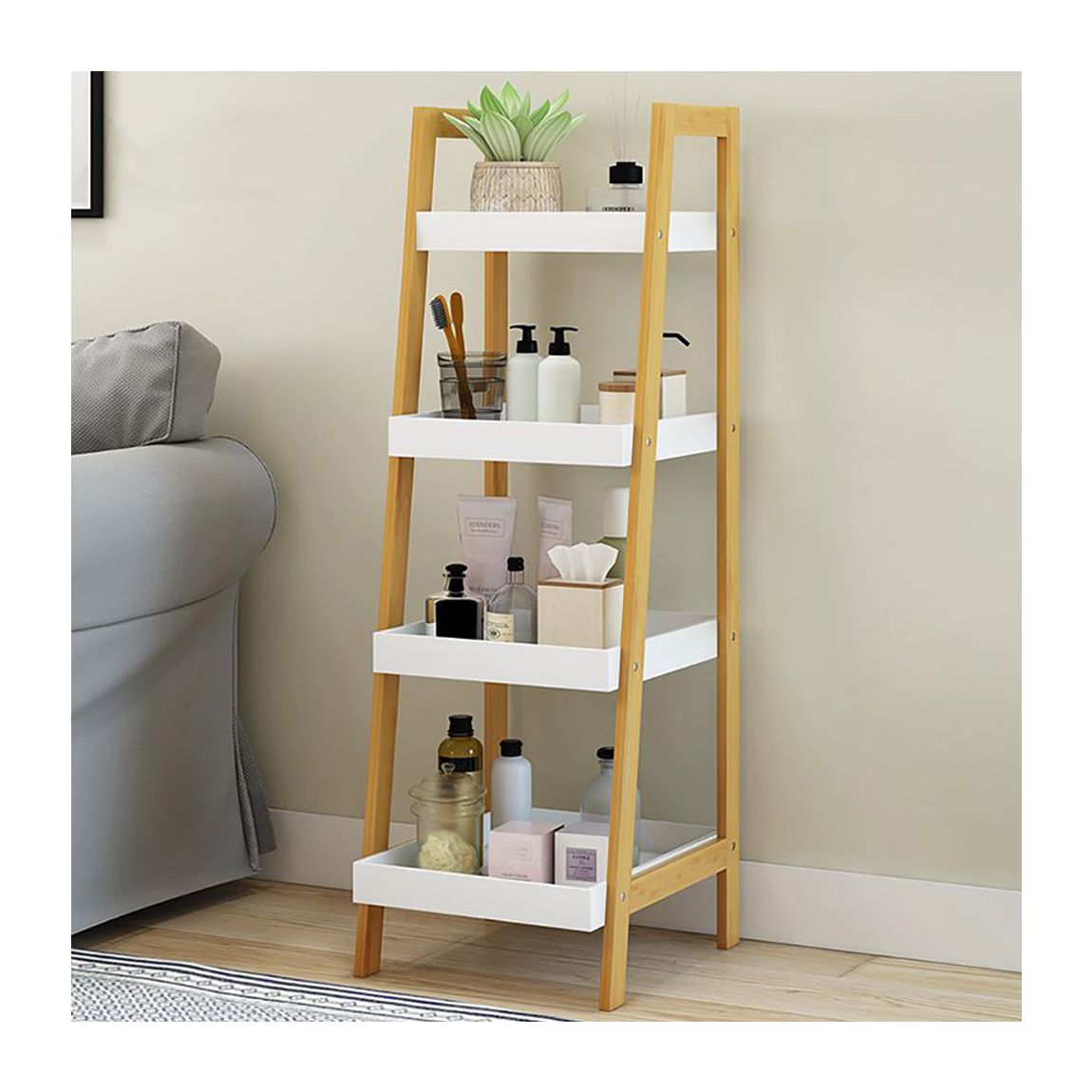 Freestanding 4-Tier Nordic Freestanding Wooden Ladder Shelf Storage Organizer - Brown main product photo