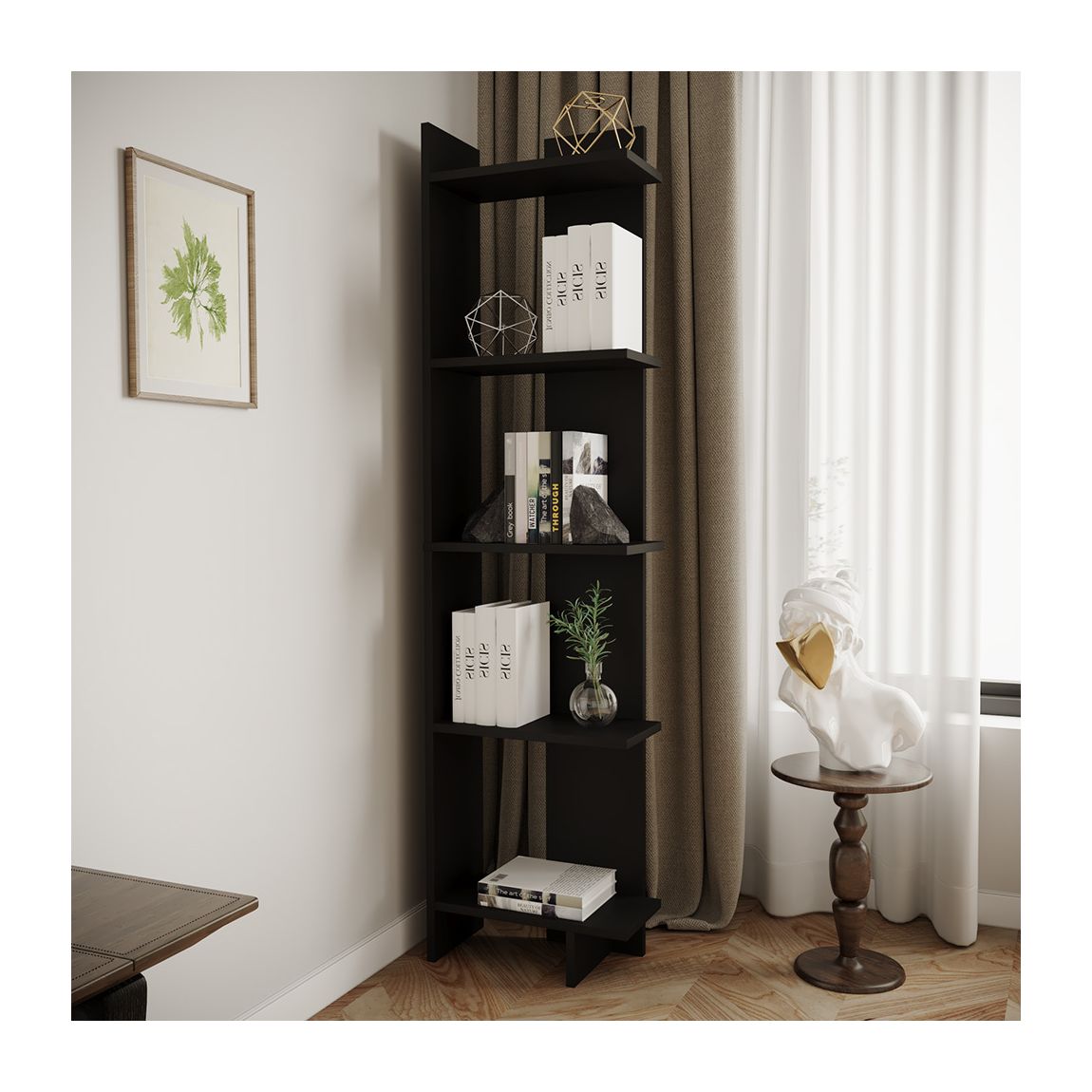 Industrial 5-Tier Corner Bookshelf Shelf Unit - Black main product photo