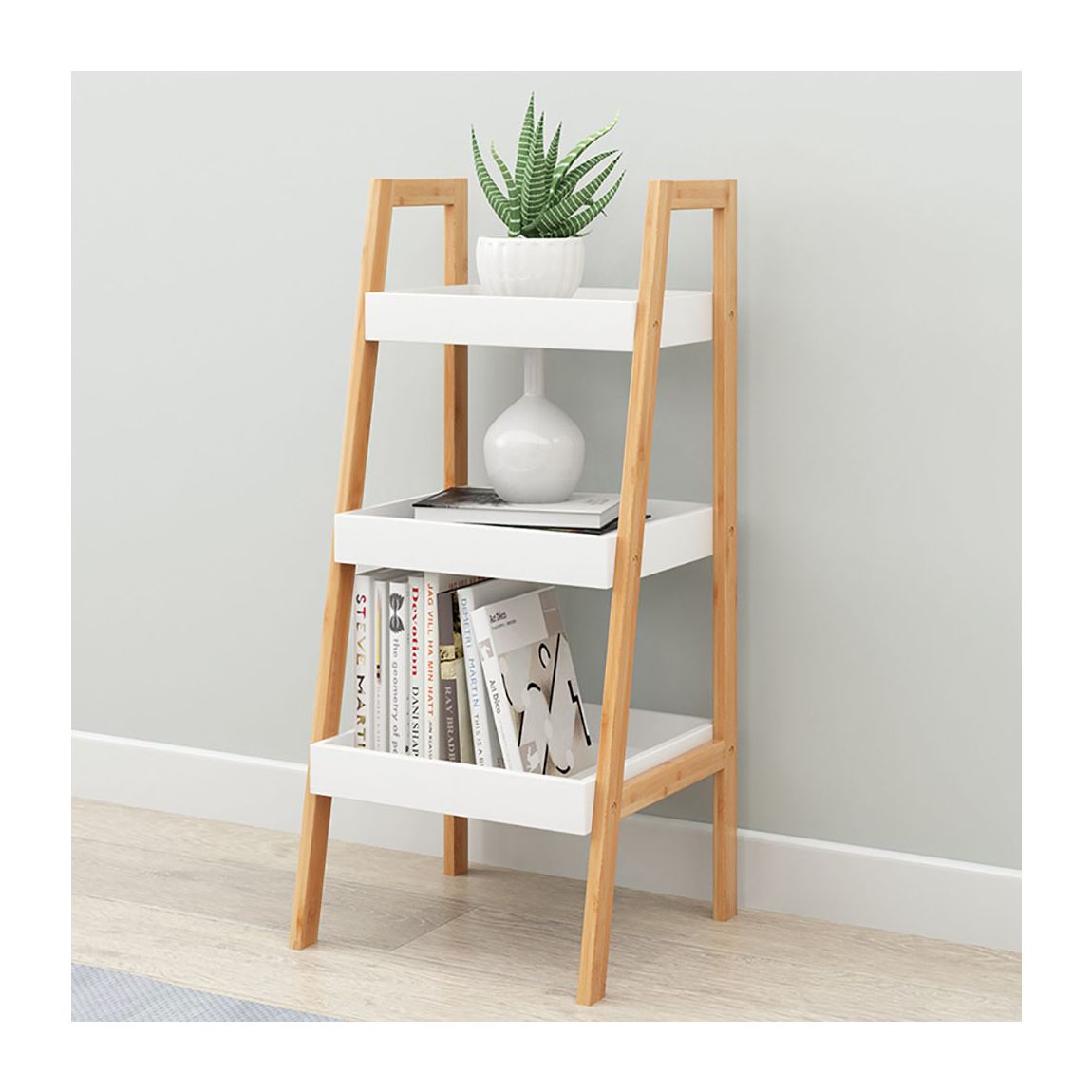 Nordic Freestanding Wooden 3-Tier Ladder Shelf Storage Organizer main product photo