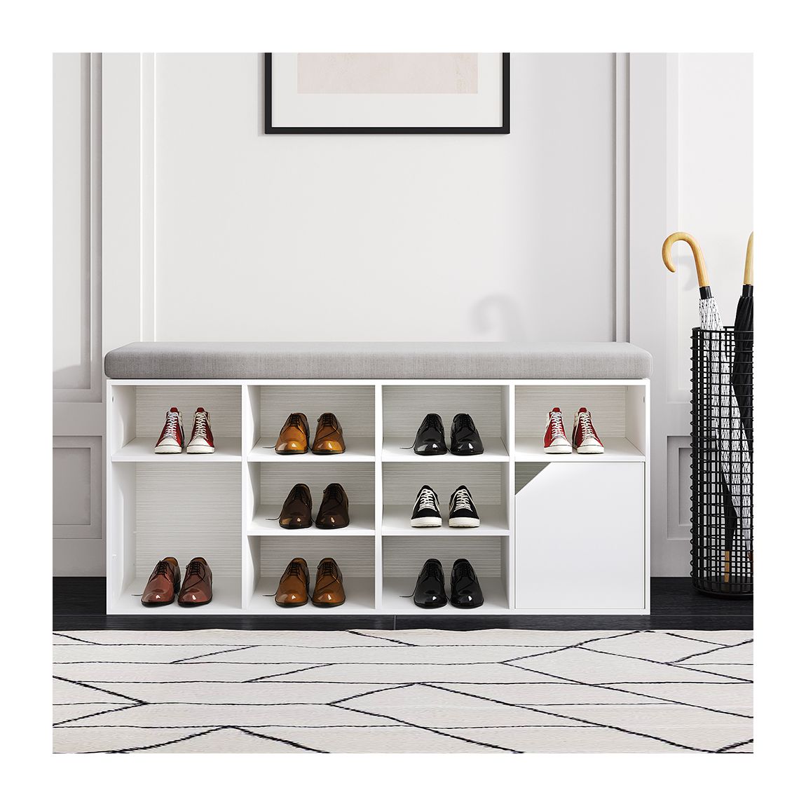 White Shoe Storage Bench with Grey Padded main product photo