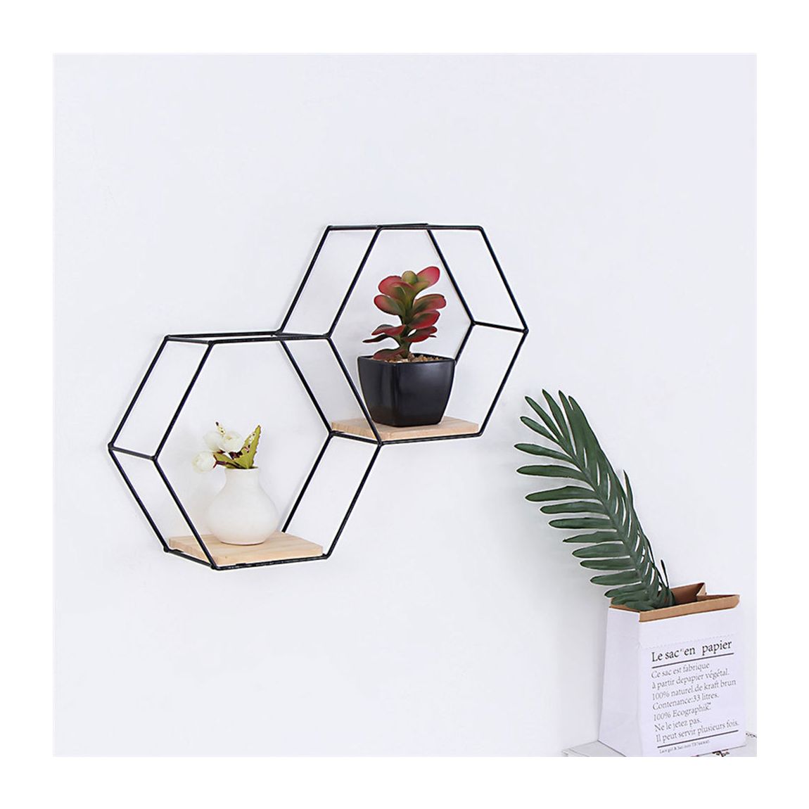 2-Tier Modern Hexagon Wall Shelf 42cm - Black main product photo