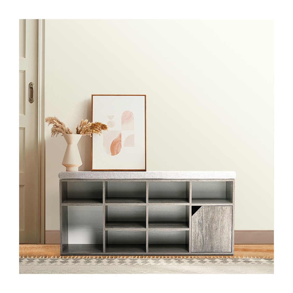 Grey Linen Padded Shoe Storage Bench main product photo