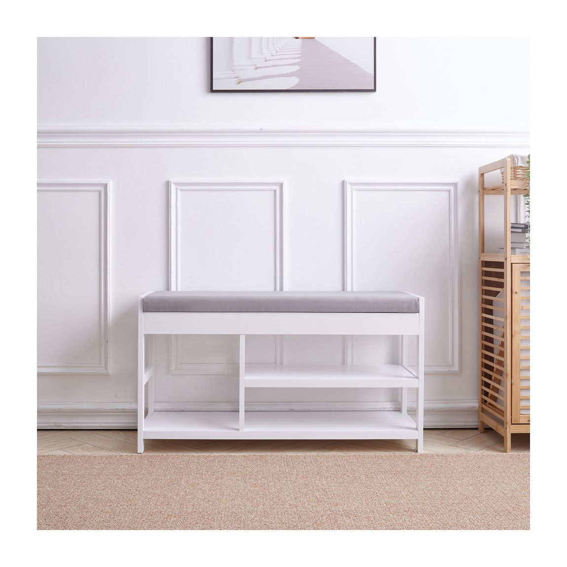 Wooden 2-Tier Shoe Storage Bench with Grey Padded Seat main product photo