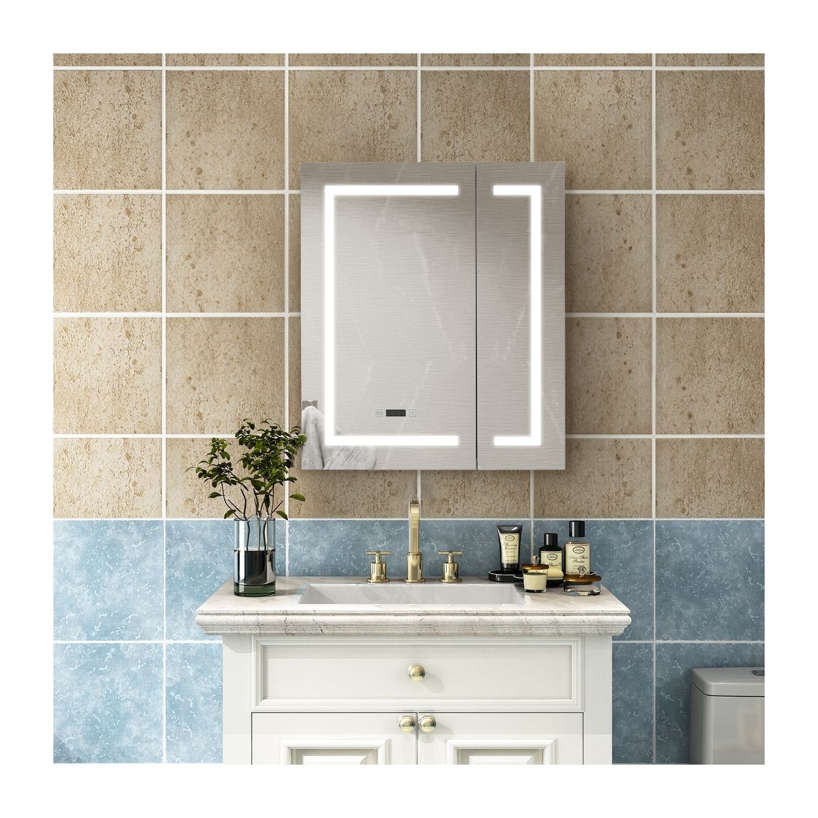 Large White LED Mirror Cabinet with Clock Display main product photo