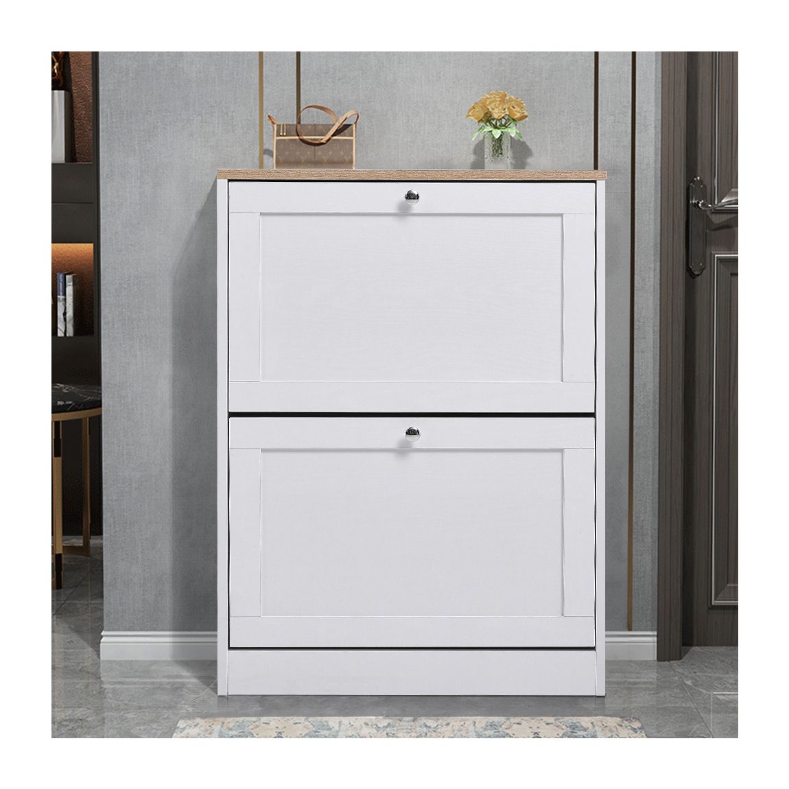 White Wooden Flip-Down Shoe Cabinet main product photo