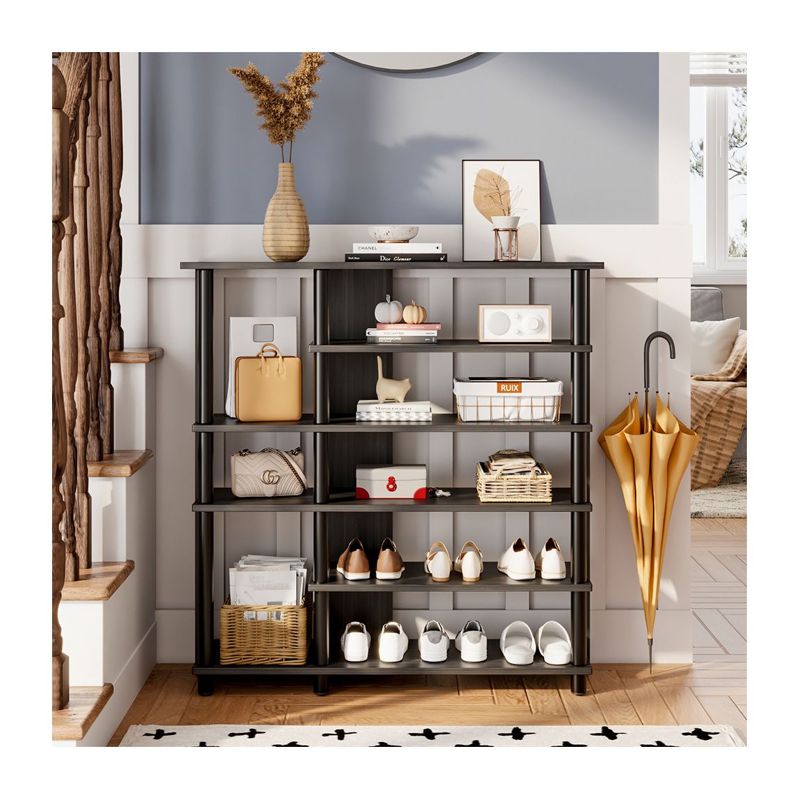Black Open-Style Wooden Shoe Rack main product photo